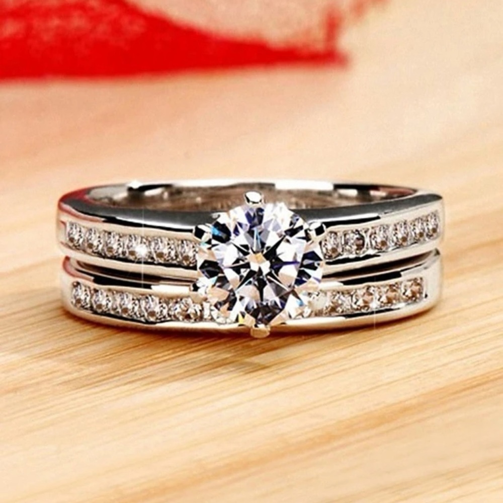 NWT 18K White Gold Plated S925 Zirconia Couple Engagement Ring Set Size 9 - Picture 2 of 4